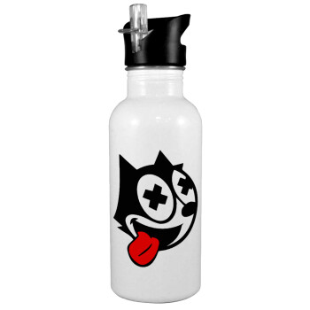 helix the cat, White water bottle with straw, stainless steel 600ml