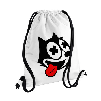 helix the cat, Τσάντα πλάτης πουγκί GYMBAG λευκή, με τσέπη (40x48cm) & χονδρά κορδόνια