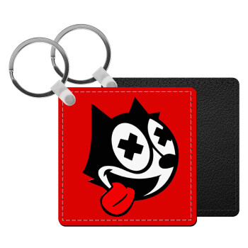 helix the cat, Μπρελόκ Δερματίνη, τετράγωνο ΜΑΥΡΟ (5x5cm)