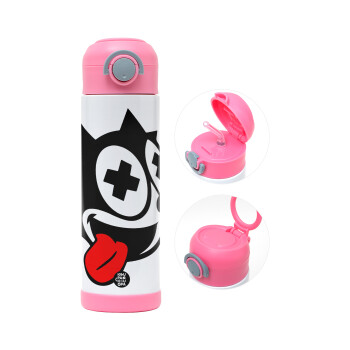 helix the cat, Παιδικό παγούρι θερμό, ανοξείδωτο, με καλαμάκι ασφαλείας, ΡΟΖ (500ml)