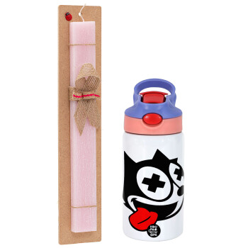 helix the cat, Easter Set, Children's thermal stainless steel water bottle with safety straw, pink/purple (350ml) & Easter scented flat candle (30cm) (PINK)