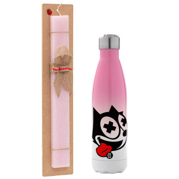 helix the cat, Easter Set, Metallic pink/white (Stainless steel) thermos, double-walled, 500ml & aromatic flat Easter candle (30cm) (PINK)