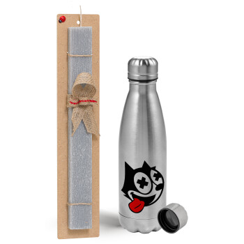 helix the cat, Easter Set, metallic Inox water bottle (750ml) & aromatic flat Easter candle (30cm) (GRAY)
