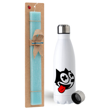 helix the cat, Easter Set, metallic stainless steel water bottle (750ml) & aromatic flat Easter candle (30cm) (TURQUOISE)