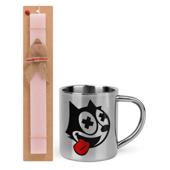 helix the cat, Easter Set, metallic thermal cup (300ml) & aromatic flat Easter candle (30cm) (PINK)