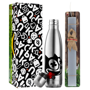 helix the cat, Easter Set, metallic stainless thermos flask (500ml) & scented flat Easter candle (30cm) (GRAY)