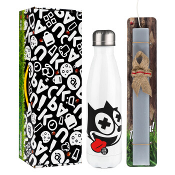helix the cat, Easter candle, metallic white thermos bottle (500ml) & aromatic flat candle (30cm) (GRAY)