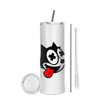 helix the cat, Eco friendly stainless steel tumbler 600ml, with metal straw & cleaning brush
