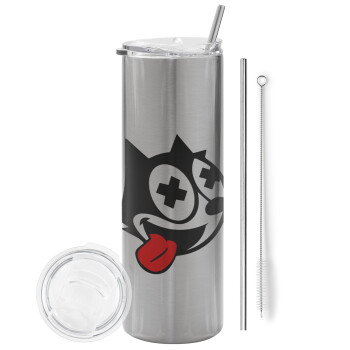 helix the cat, Eco friendly stainless steel Silver tumbler 600ml, with metal straw & cleaning brush