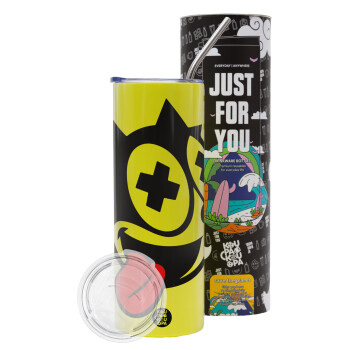 helix the cat, Neon Yellow Travel Tumbler θερμό, μεταλλικό καλαμάκι(Ανωξείδωτο 304 Food grade, BPA free, 600ml)