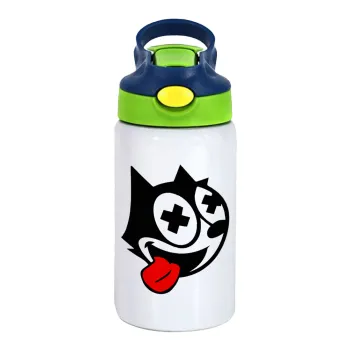 helix the cat, Children's hot water bottle, stainless steel, with safety straw, green, blue (350ml)