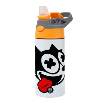 helix the cat, Παιδικό παγούρι θερμό, ανοξείδωτο, με καλαμάκι ασφαλείας, Πορτοκαλί/Γκρι (360ml) BPA-FREE