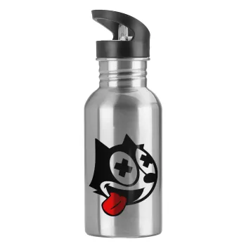 helix the cat, Water bottle Silver with straw, stainless steel 600ml