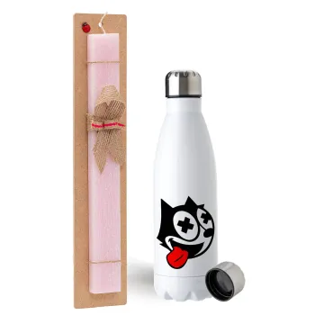 helix the cat, Easter Set, metallic stainless steel water bottle (750ml) & scented flat Easter candle (30cm) (PINK)