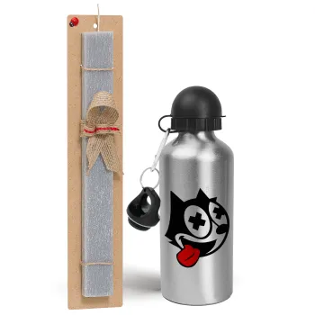 helix the cat, Πασχαλινή Λαμπάδα με παγούρι μεταλλικό Ασημένιο αλουμινίου (500ml) & κερί αρωματικό πλακέ (30cm) (ΓΚΡΙ)