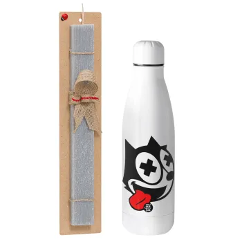helix the cat, Easter Set, metallic stainless thermos bottle (500ml) & scented flat Easter candle (30cm) (GRAY)
