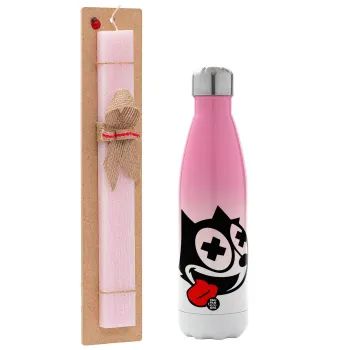 helix the cat, Easter Set, Metallic pink/white (Stainless steel) thermos, double-walled, 500ml & aromatic flat Easter candle (30cm) (PINK)