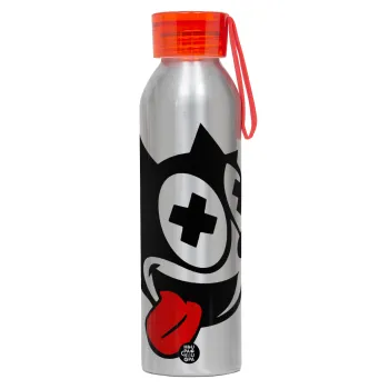 helix the cat, Aluminum Sports Bottle 650ml – Silver with Red Cap and Silicone Strap
