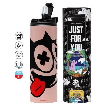 helix the cat, Tumbler ποτήρι θερμό ΡΟΖ από ανοξείδωτο ατσάλι 600ml