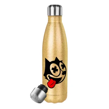 helix the cat, Glitter gold stainless steel thermos bottle, double-walled, 500ml
