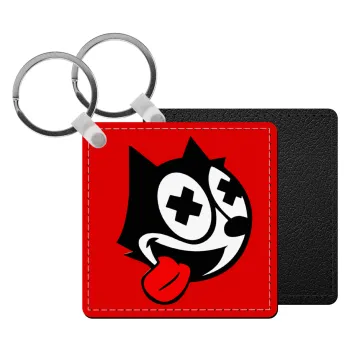 helix the cat, Μπρελόκ Δερματίνη, τετράγωνο ΜΑΥΡΟ (5x5cm)