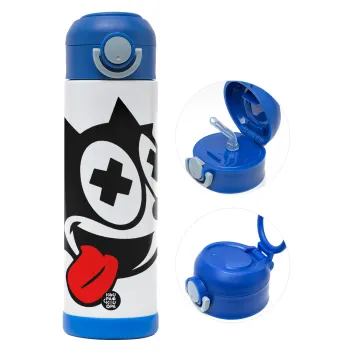 helix the cat, Children's hot water bottle, stainless steel, with safety straw, BLUE (500ml)