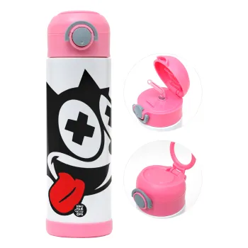 helix the cat, Children's hot water bottle, stainless steel, with safety straw, PINK (500ml)