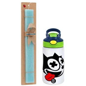 helix the cat, Easter Set, Children's thermal stainless steel bottle with safety straw, green/blue (350ml) & aromatic flat Easter candle (30cm) (TURQUOISE)