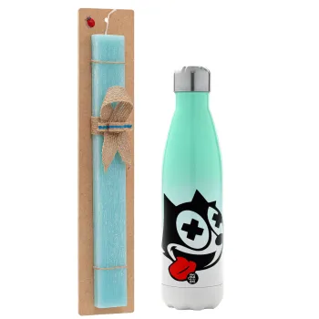 helix the cat, Easter Set, Metallic green/white thermos (Stainless steel), double-walled, 500ml & scented flat Easter candle (30cm) (TURQUOISE)