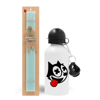 helix the cat, Easter Set, metallic aluminum water bottle (500ml) & scented flat candle (30cm) (TURQUOISE)