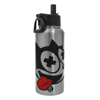 helix the cat, Metal mug thermo Silver with Straw and Spout Lid (Stainless steel), double wall, 950ml