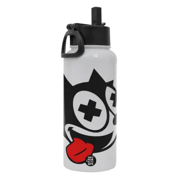 helix the cat, Metal mug thermo White with Straw and Spout Lid (Stainless steel), double wall, 950ml