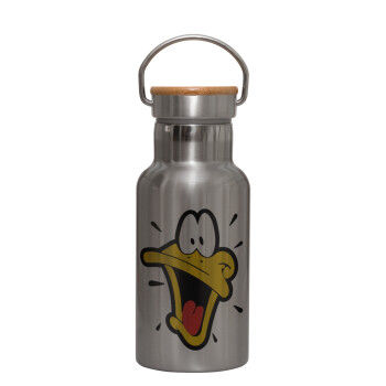 Daffy Duck, Μεταλλικό παγούρι θερμός (Stainless steel) Ασημένιο με ξύλινο καπακι (bamboo), διπλού τοιχώματος, 350ml
