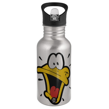 Daffy Duck, Water bottle Silver with straw, stainless steel 500ml