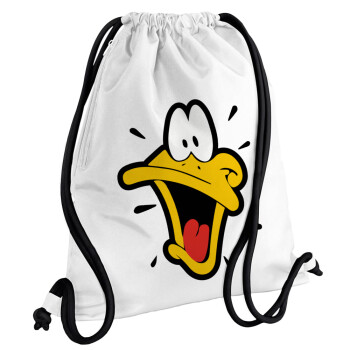 Daffy Duck, Τσάντα πλάτης πουγκί GYMBAG λευκή, με τσέπη (40x48cm) & χονδρά κορδόνια