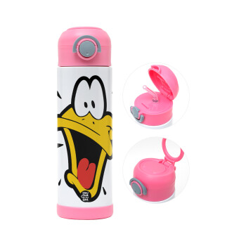 Daffy Duck, Παιδικό παγούρι θερμό, ανοξείδωτο, με καλαμάκι ασφαλείας, ΡΟΖ (500ml)