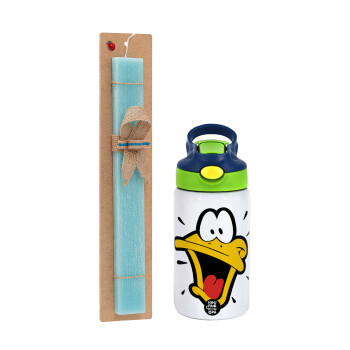 Daffy Duck, Πασχαλινό Σετ, Παιδικό παγούρι θερμό, ανοξείδωτο, με καλαμάκι ασφαλείας, πράσινο/μπλε (350ml) & πασχαλινή λαμπάδα αρωματική πλακέ (30cm) (ΤΙΡΚΟΥΑΖ)