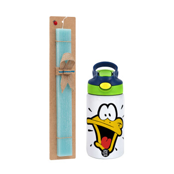 Daffy Duck, Easter Set, Children's thermal stainless steel bottle with safety straw, green/blue (350ml) & aromatic flat Easter candle (30cm) (TURQUOISE)