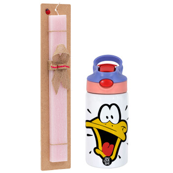 Daffy Duck, Πασχαλινό Σετ, Παιδικό παγούρι θερμό, ανοξείδωτο, με καλαμάκι ασφαλείας, ροζ/μωβ (350ml) & πασχαλινή λαμπάδα αρωματική πλακέ (30cm) (ΡΟΖ)