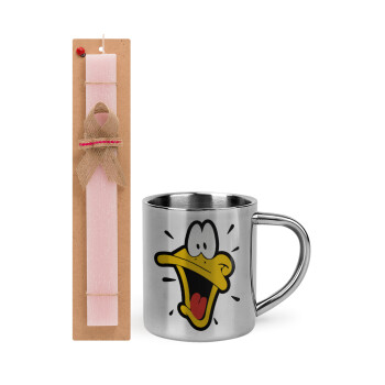 Daffy Duck, Πασχαλινό Σετ, μεταλλική κούπα θερμό (300ml) & πασχαλινή λαμπάδα αρωματική πλακέ (30cm) (ΡΟΖ)