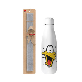 Daffy Duck, Easter Set, metallic stainless thermos bottle (500ml) & scented flat Easter candle (30cm) (GRAY)