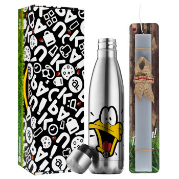 Daffy Duck, Easter Set, metallic stainless thermos flask (500ml) & scented flat Easter candle (30cm) (GRAY)