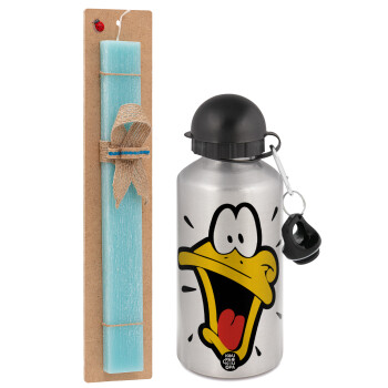 Daffy Duck, Πασχαλινό Σετ, παγούρι μεταλλικό Ασημένιο αλουμινίου (500ml) & πασχαλινή λαμπάδα αρωματική πλακέ (30cm) (ΤΙΡΚΟΥΑΖ)