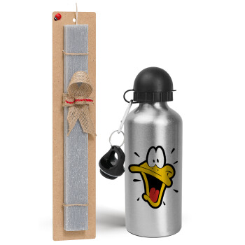 Daffy Duck, Πασχαλινό Σετ, παγούρι μεταλλικό Ασημένιο αλουμινίου (500ml) & πασχαλινή λαμπάδα αρωματική πλακέ (30cm) (ΓΚΡΙ)