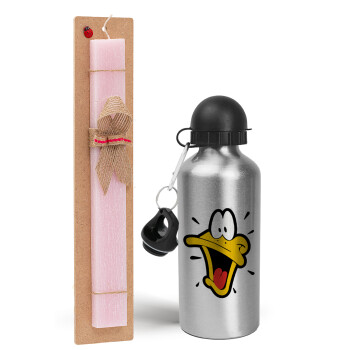 Daffy Duck, Easter Set, metallic Silver aluminum water bottle (500ml) & scented flat Easter candle (30cm) (PINK)