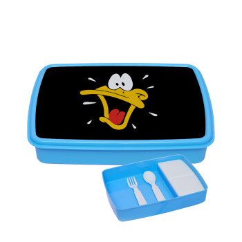 Daffy Duck, ΜΠΛΕ παιδικό δοχείο φαγητού (lunchbox) πλαστικό με παιδικά μαχαιροπίρουρα & 2 εσωτερικά δοχεία (BPA-FREE) Lunch Βox M23 x Π18 x Υ4cm