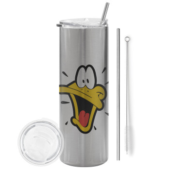 Daffy Duck, Eco friendly stainless steel Silver tumbler 600ml, with metal straw & cleaning brush