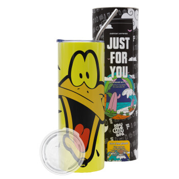 Daffy Duck, Neon Yellow Travel Tumbler θερμό, μεταλλικό καλαμάκι(Ανωξείδωτο 304 Food grade, BPA free, 600ml)