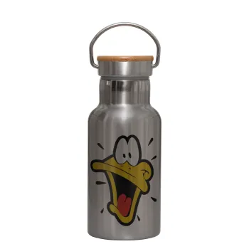 Daffy Duck, Μεταλλικό παγούρι θερμός (Stainless steel) Ασημένιο με ξύλινο καπακι (bamboo), διπλού τοιχώματος, 350ml