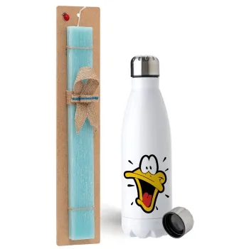 Daffy Duck, Easter Set, metallic stainless steel water bottle (750ml) & aromatic flat Easter candle (30cm) (TURQUOISE)